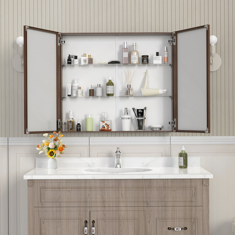 Armoire avec miroir pour salle de bain, armoire de salle de bain murale avec tablettes réglables, Jaune / corail