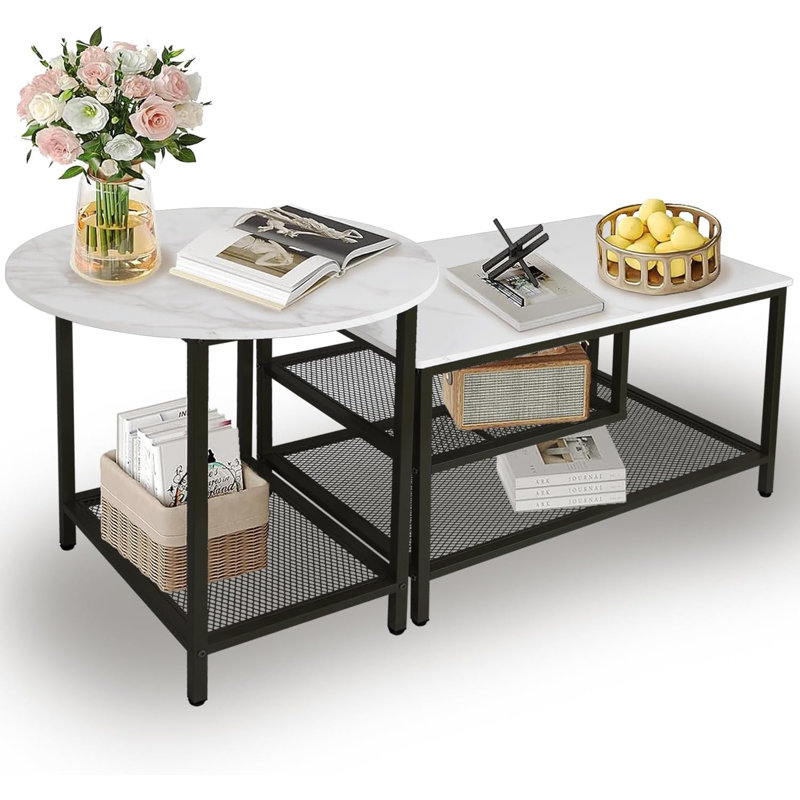 Nesting Table Set Of 2, Modern Round End Table & Rectangular Coffee Tables For Living Room Apartment, Black