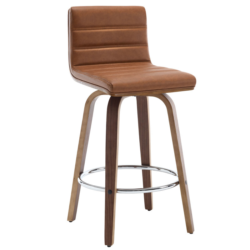 Bomia Swivel Upholstered Stool With Solid Wood Frame and L-Shaped PU Leather Back, Counter Stool (26" Seat Height), Caramel
