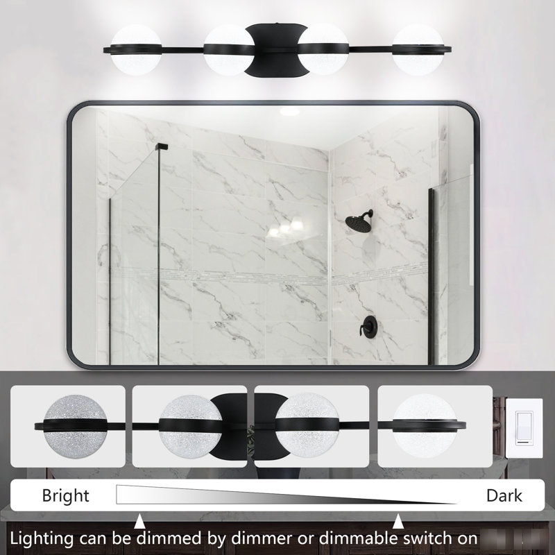 Black Wall Mounted Vanity - 4 Bulb Led With Frosted Glass Shades Chic Bathroom Lighting Fixture Shades, Style