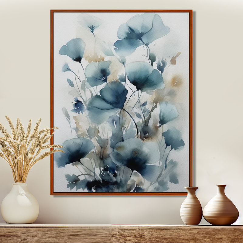 «Blue Leaf Foliage And Flowers I - Leaves», art mural sur toile, H 20 po x l 12 po, Cadre flottant brun