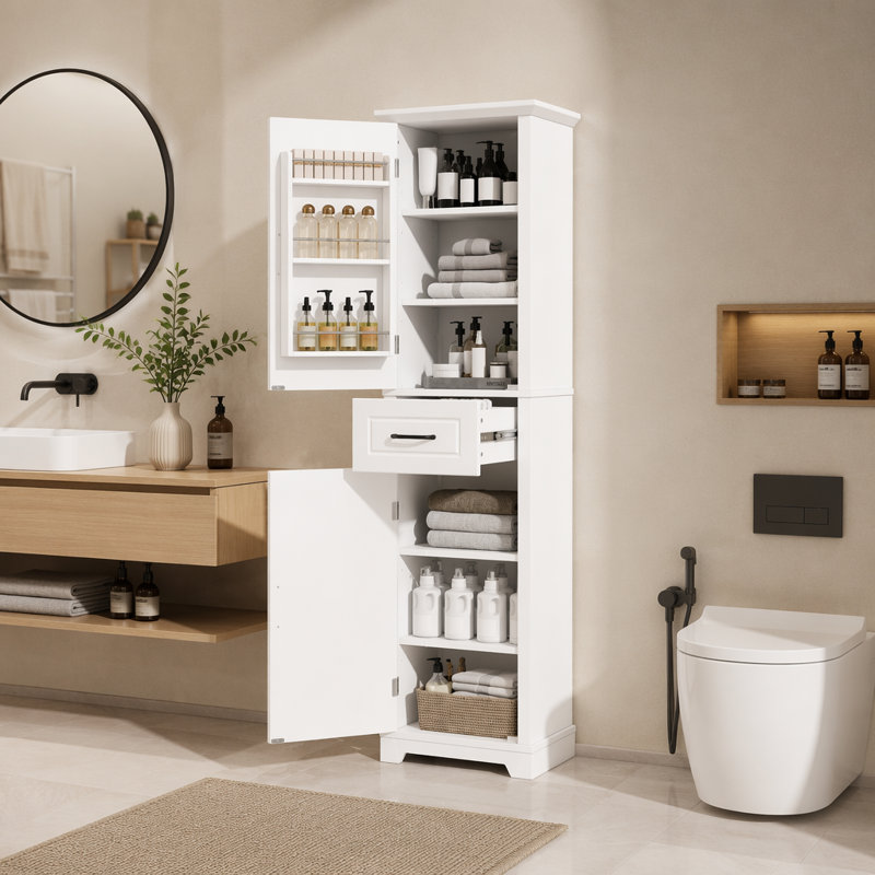 Modern Freestanding Bathroom Linen Cabinet with 2 Doors, 1 Drawer, and Adjustable Door Shelves, White