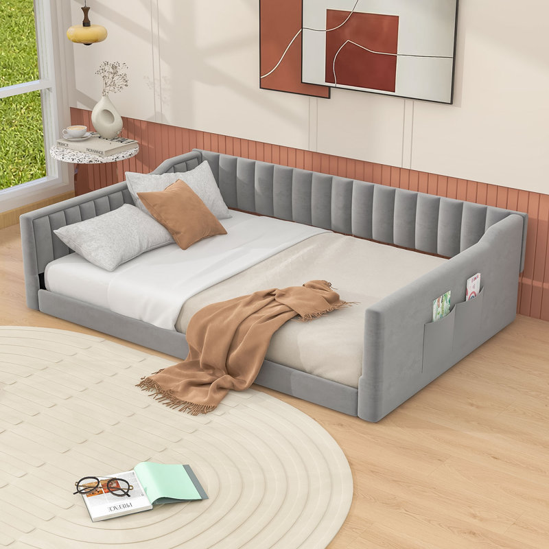 Lit de jour rembourré avec lattes et poche de rangement latérale, Double XL, Gris