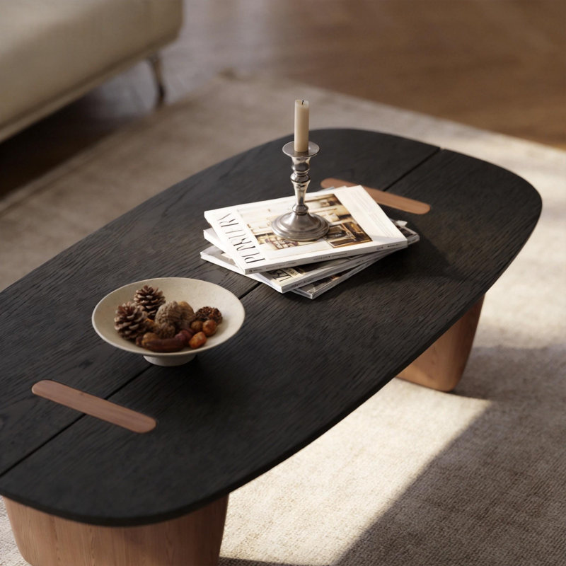 Table basse Japonaise, plateau de table en placage de noyer avec incrustation de bois, pieds en dalle épaisse, table centrale moderne à profil bas pour le salon