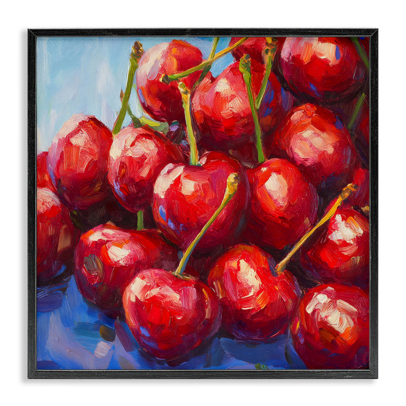 Luscious Red Cherries of Summer, giclée encadrée, design par Petal Prints Design, 17 x 17, Midnight Black Giclee Framed