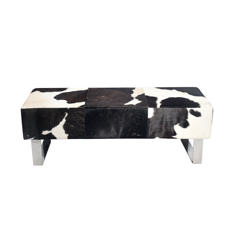 Modern Black and White Cowhide Leather Bench, Black/White, Chrome