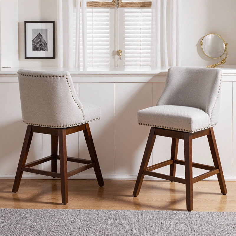 Ensemble de 2 tabourets de bar pivotants à hauteur de comptoir, siège 26 po, revêtement en tissu gris, structure en bois d'hévéa