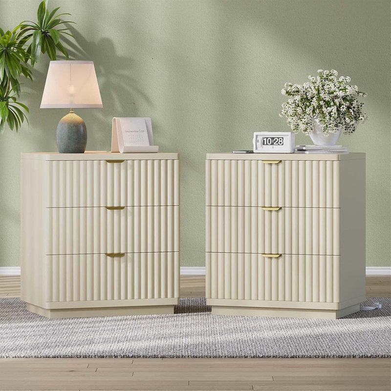 Table de chevet cannelée, ensemble de 2 - Tables de chevet modernes avec 3 tiroirs et station de charge [Beige] - [Bois / Moderne / Table de chevet]