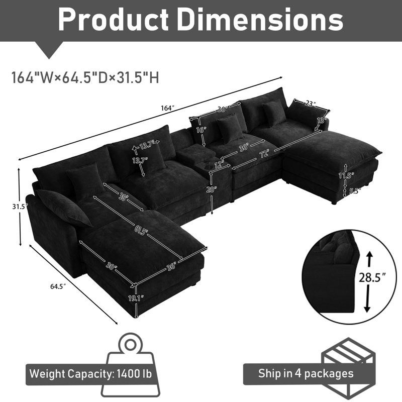 Canapé modulaire surdimensionné en chenille avec console USB et oreillers supplémentaires, Black Chenille