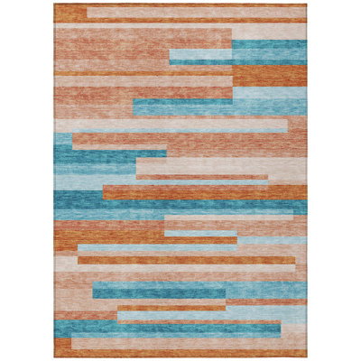 Tapis extérieur lavable rayé bleu sarcelle et saumon 8 pi x 10 pi Fagundes