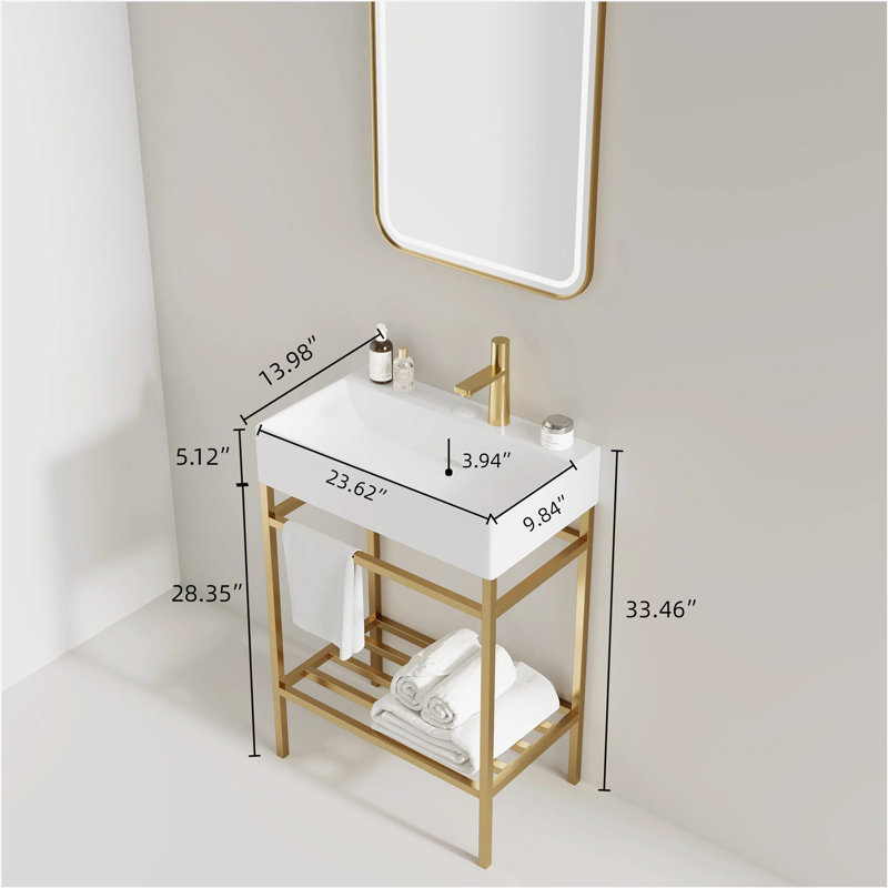 24" Bathroom Vanity with Ceramic Basin, Freestanding Bathroom Console Sink Set, Glossy White Rectangular Ceramic Basin without Faucet, Open Metal Leg, Storage Shelves, Gold