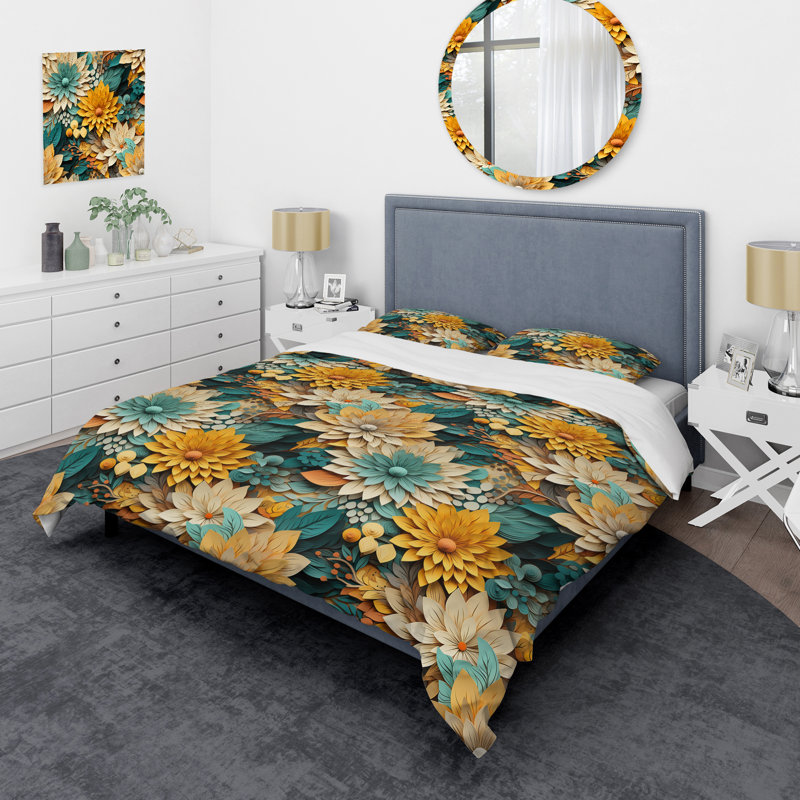 Literie à motif chorale de chrysanthèmes Mandala, Housse de couette pour très grand lit et 2 très