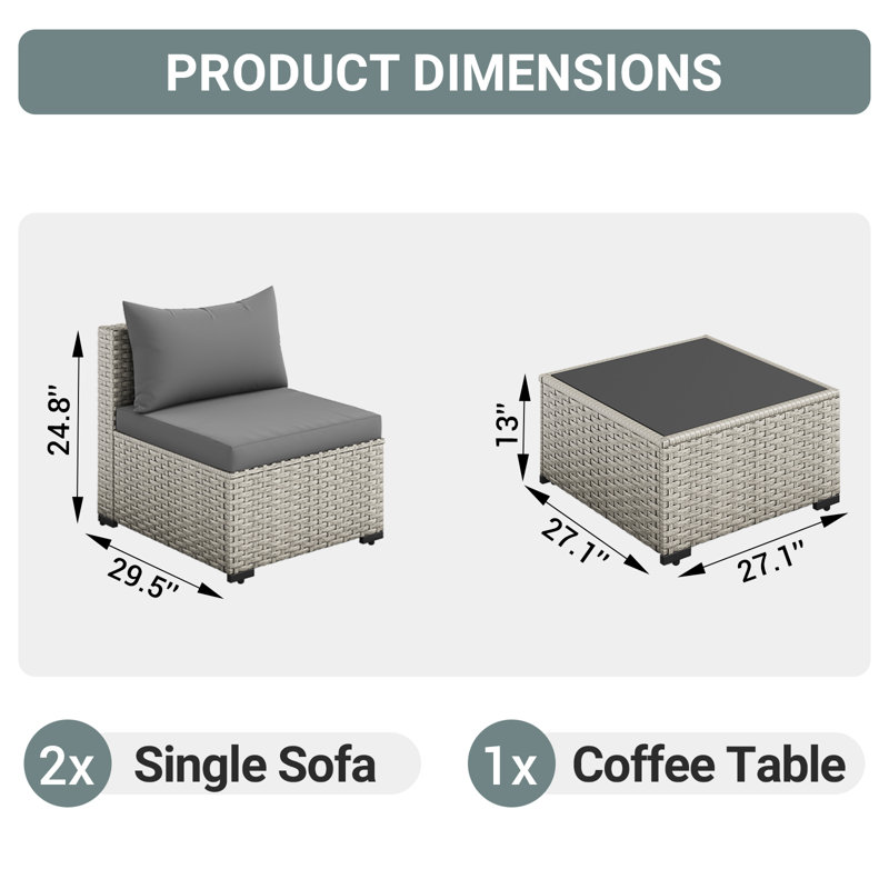2-Person Outdoor Wicker Sofa Set With Cushion, Gray