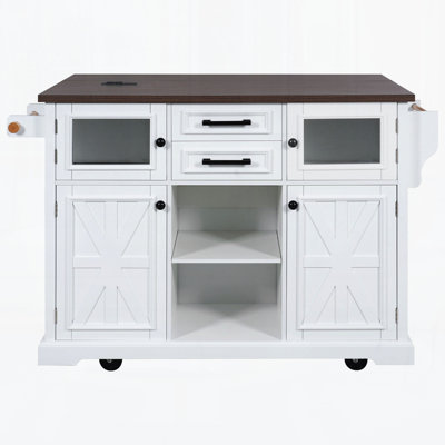 54.9" Kitchen Island With Drop Leaf, Power Outlet, Kitchen Storage Cart With 4 Door Shelves