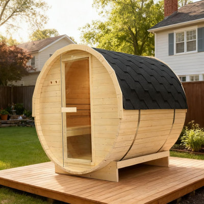 Hylivesaunas Outdoor Barrel Steam Sauna, 4 Person Canadian Pine Wood Saunas, Traditional Finnish Sauna Spa Room with 4.5 KW Heating Stove, Triple Waterproof System, Asphalt Shingles,Stones(0-195 °F)
