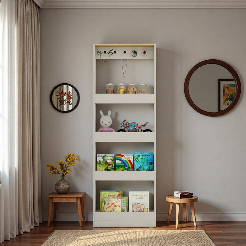 Bibliothèque derrière la porte de 69 po de hauteur avec 4 tablettes et 5 crochets, armoire de rangement étroite pour le salon