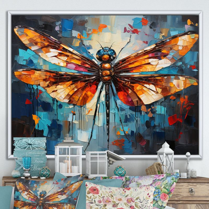 «Orange Dragonfly insectes Flight Collage II», reproduction sur toile, H 16 po x l 32 po x P 1 po, Cadre flottant blanc