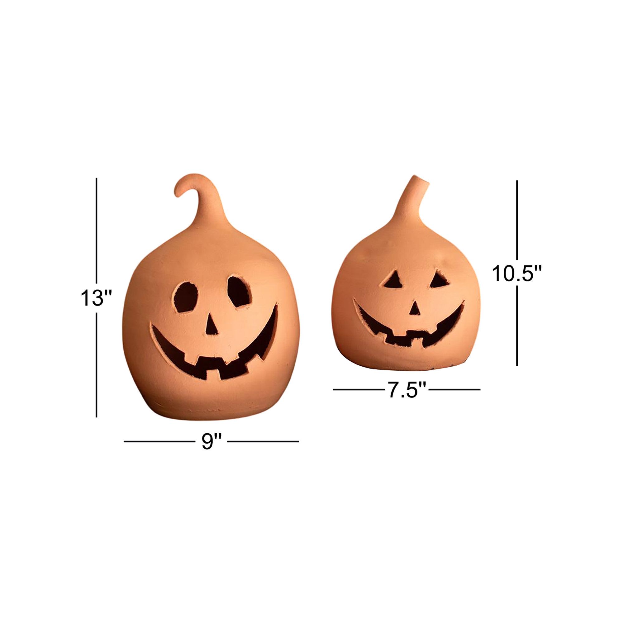 SET OF TWO  TERRACOTTA CLAY JACK-O-LANTERNS