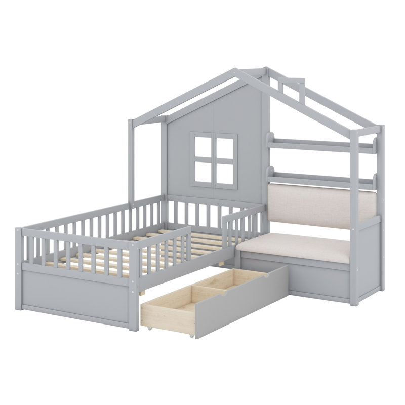 Lit House avec canapé, lit plateforme avec tiroirs et tablette de rangement, gris