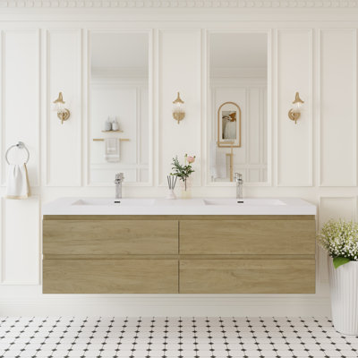 Modern Wall-mounted 72-inch Oak Bathroom Vanity With Dual Sinks And Soft-close Drawers