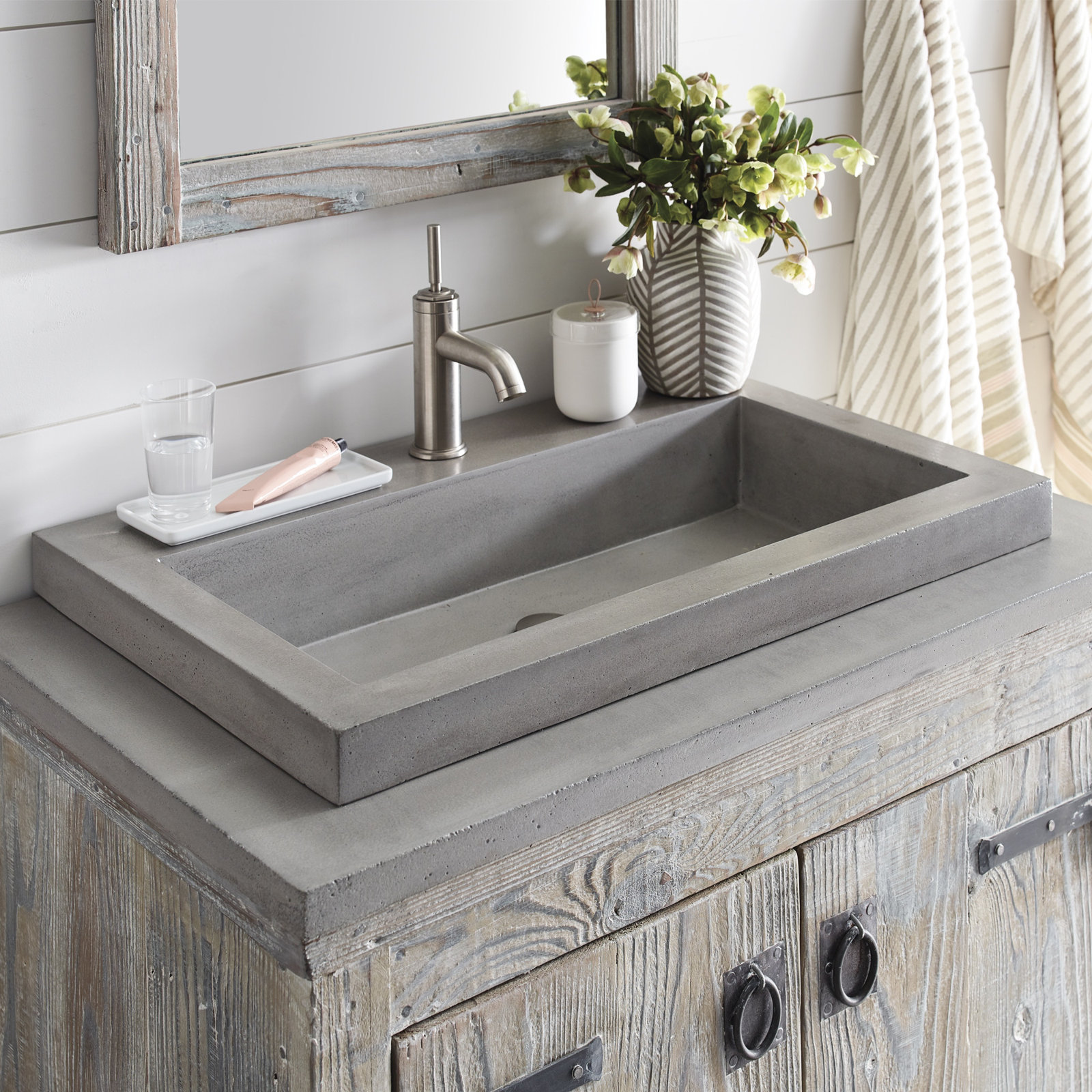 Trough Handmade Rectangular Drop-In Bathroom Sink, Ash, Single Faucet Hole