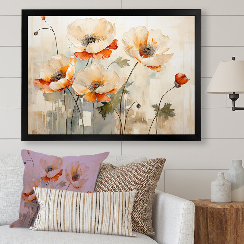 Beige «Poppy Meadow Melody II», art mural coquelicots, Cadre simple noir, H 34 po x l 44 po x P 1,5 po