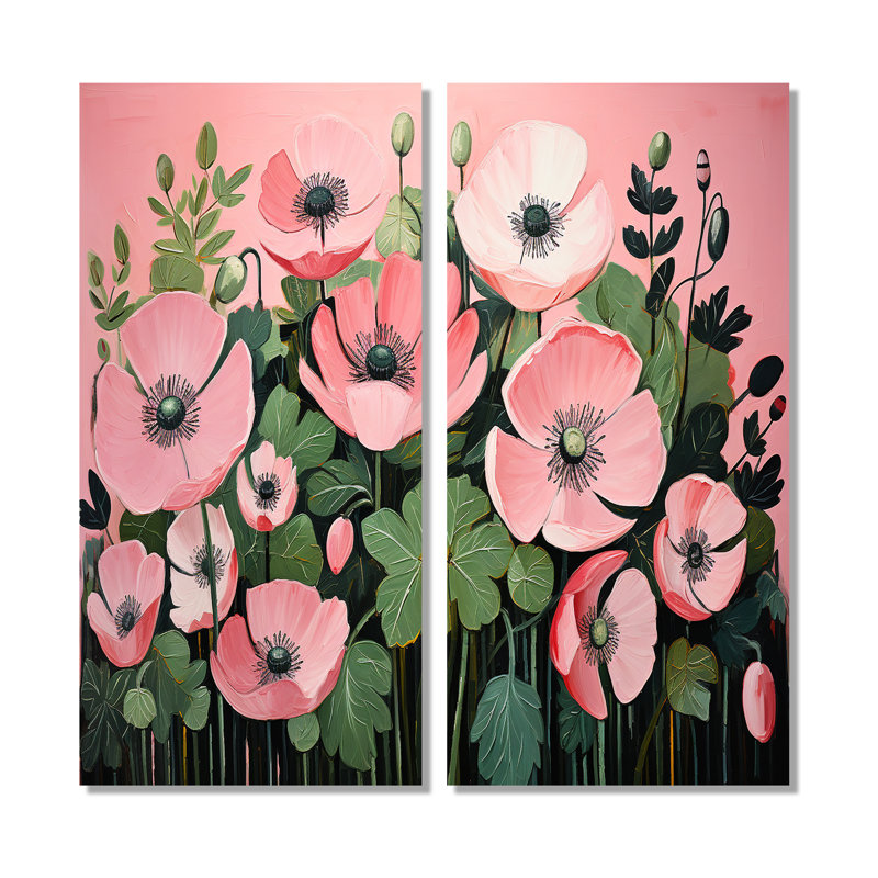 Minimalisme rose et vert coquelicots - Art mural traditionnel, 40" H x 40" W, Wrapped Canvas, Does Not Apply