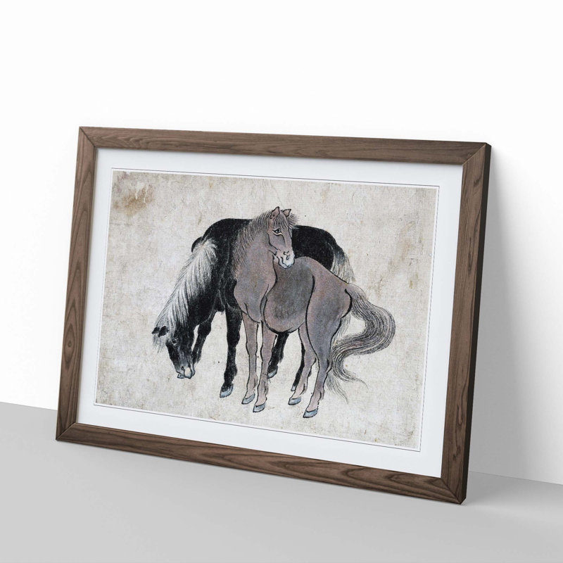 Two Horses by Katsushika Hokusai - Framed Print, 27cm H x 36cm W x 2cm D, Walnut Framed
