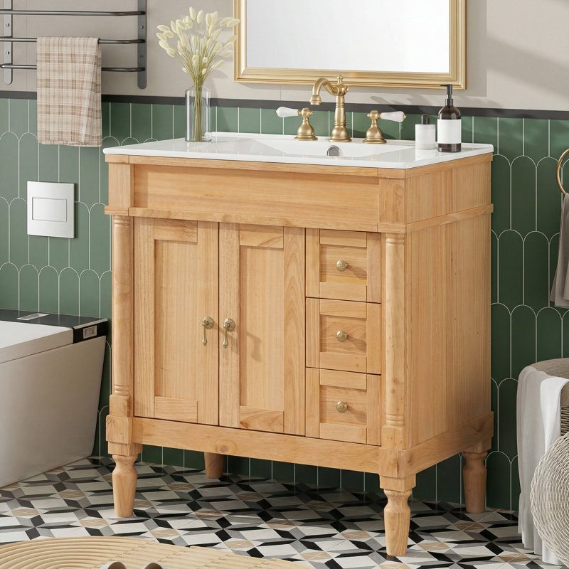 Meuble-lavabo moderne, structure en bois massif et panneau de fibres à densité moyenne, 2 portes et 3 tiroirs, conception à fermeture en douceur, tablette ajustable en forme de U, lavabo en céramique, ensemble d'armoires de rangement pour salle de bain, conception moderne et élégante