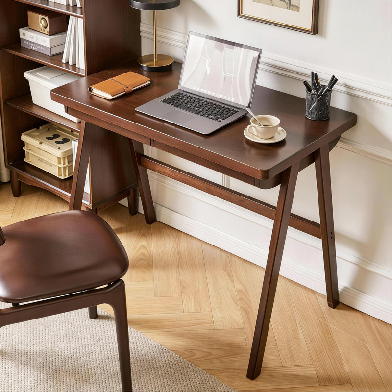 Bureau d'ordinateur 100% bois d'hévéa massif, bureau d'écriture rétro en noyer avec tiroir, structure robuste en A, table d'étude de bureau à domicile standard de 39,37 po x 21,65 po, 0,71 po d'épaisseur