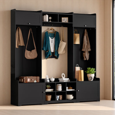 Arbre d'entrée de 79,1 po de largeur avec rangement pour chaussures, banc d'entrée 4 en 1 avec 8 casiers, 7 crochets à manteau et tablette réglable pour le couloir