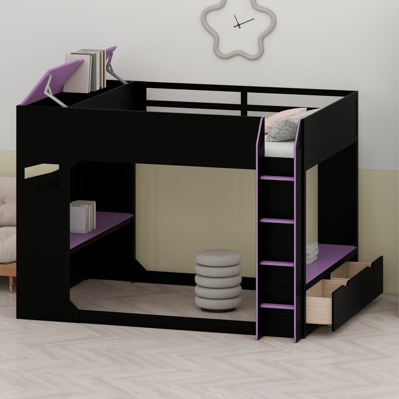 Lit mezzanine avec bureau à hauteur réglable, Mauve et noir