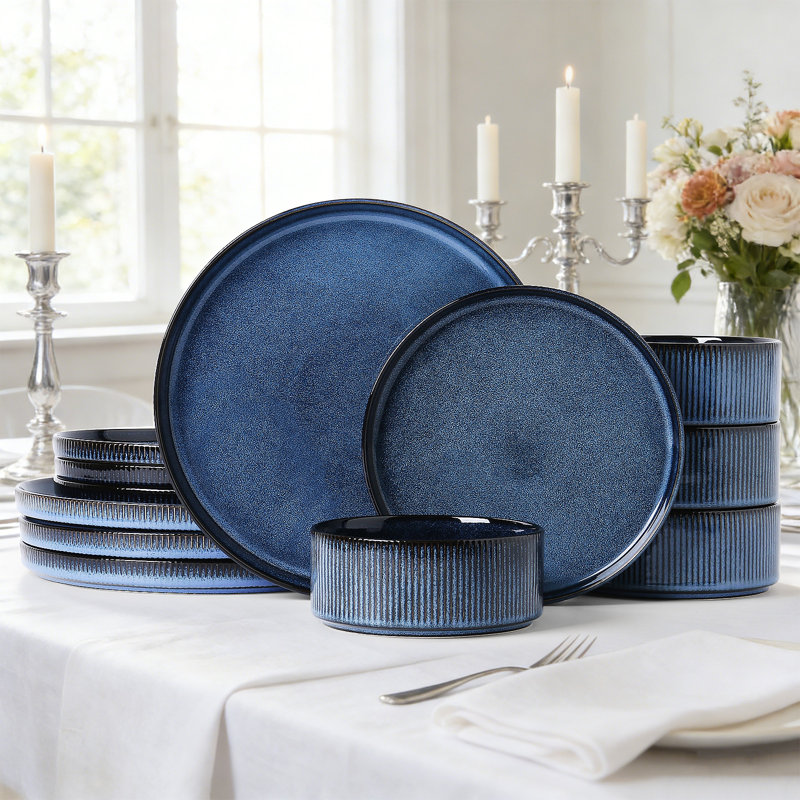ALOFMO Straight Sided 12 Piece Stoneware Dinnerware Sets, Service for 4, Blue