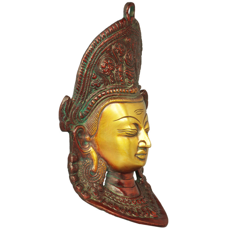Masque suspendu en laiton fait à la main de 7 po Indra - sculpture de divinité avec troisième œil - fabriqué à la main en Inde