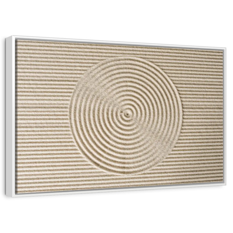 Cercles zen dans le sable, 37 po x 25 po, Cadre flottant blanc