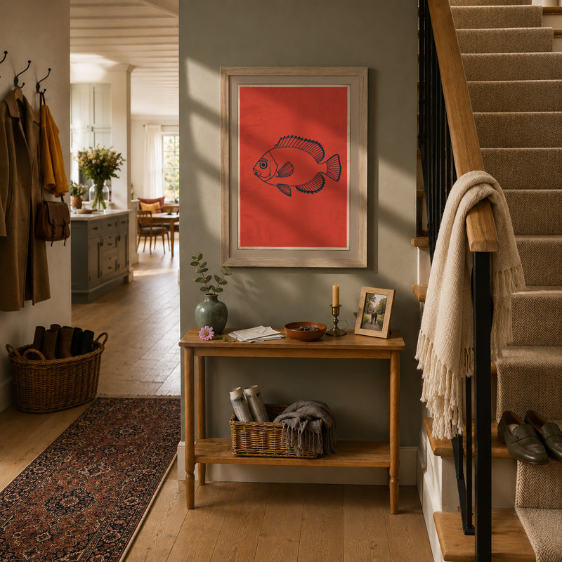 Fish In Line Graphic Art - Print, A1 - 84.1cm H x 59.4cm W, Oak