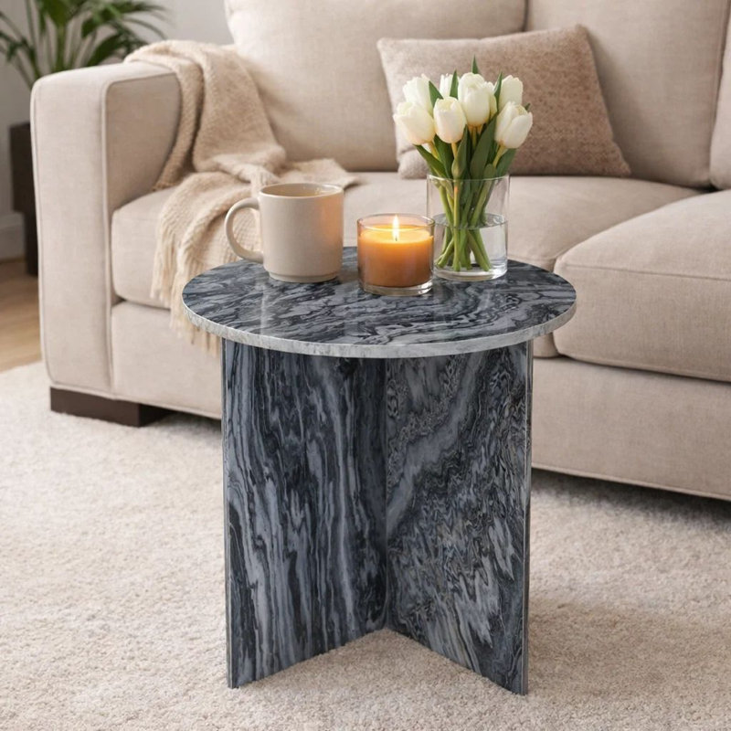 Table de bout latérale Levi, plateau rond de 20 po, base en marbre noir géométrique, H 22 po x l 20,1 po x P 20,1 po, Noir