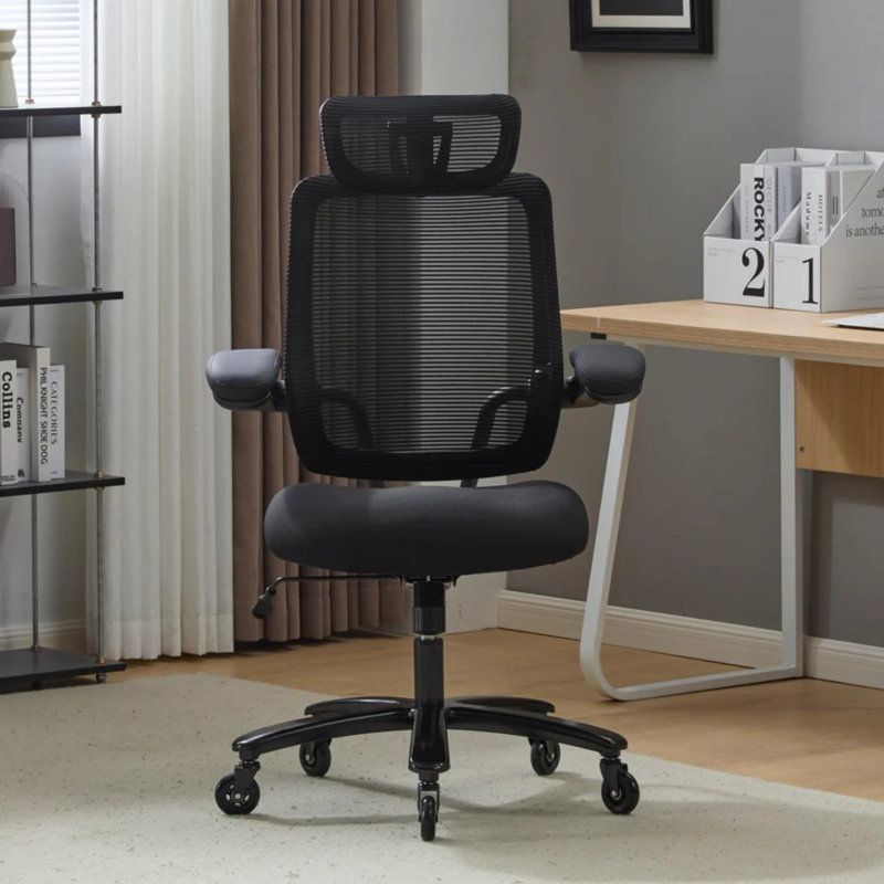 Chaise de bureau ergonomique robuste avec support lombaire et accoudoirs rabattables, Noir, Avec repose-tête