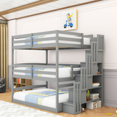 Full Over Full Over Full Triple Bunk Bed With Safety Guardrails And Storage Staircase