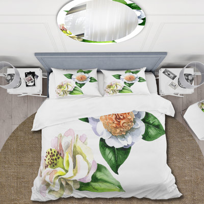 Vintage White Camellia Flowers With Green Leaves - Traditional Polyester Duvet Cover Set
