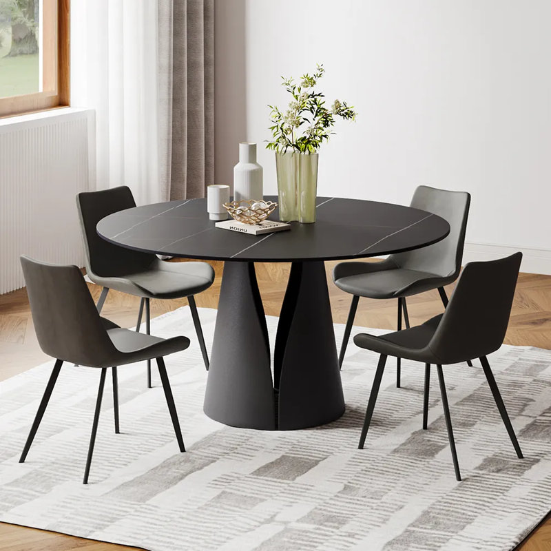 Vera Modern Dining Room Sets, Pre-Assembly Round Dining Table Sets, Sintered Stone Tabletop Kitchen Dining Table Set With PU Upholstered Chairs