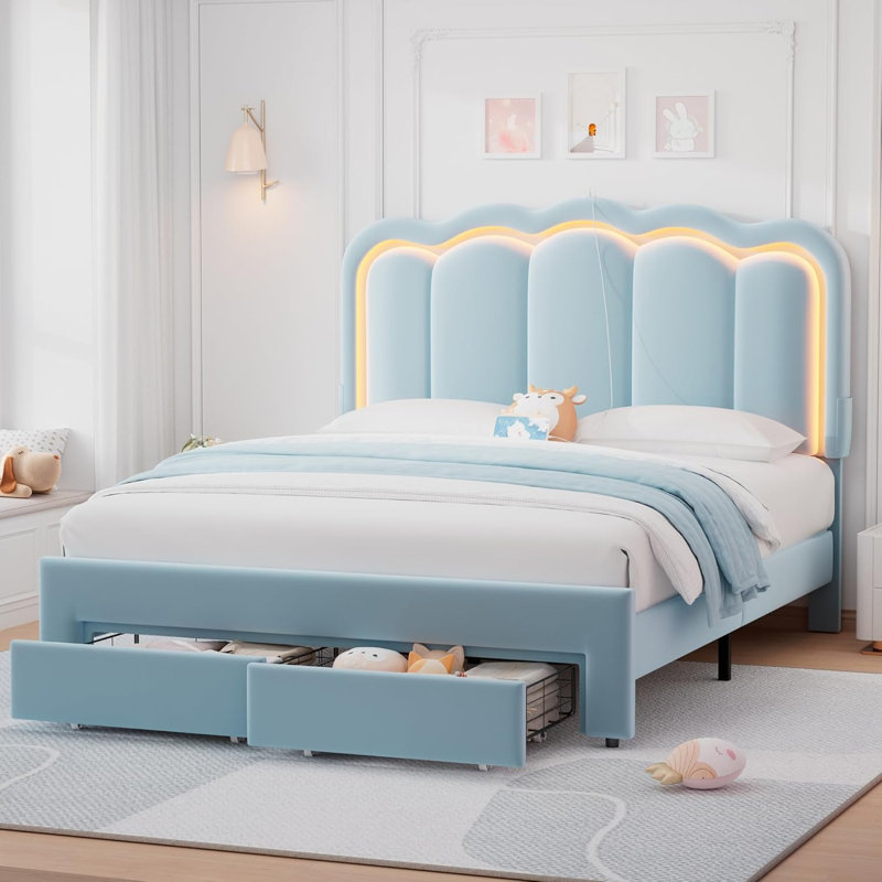 Cadre de lit grand avec tiroirs Blue Led