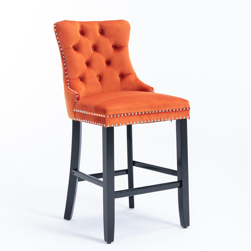 Velvet Upholstered Barstools with Button Tufted Decoration and Wooden Legs, Orange