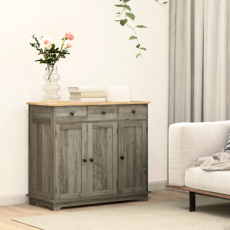 Modern Gray Storage Cabinet - Sideboard With Solid Wood Countertop, 3 Drawers, Doors, Adjustable Shelf For Daily