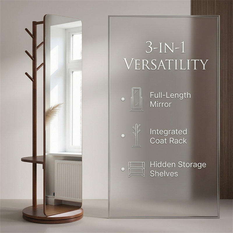 70-inch Full-length Mirror With A Swivel Mirror And Stand; Solid Wood Floor-standing Mirror With A Coat Rack, Suitable For Bedrooms, Living Rooms, And Walk-in Closets 