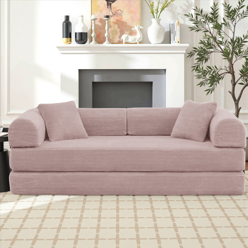 Boneless 80.7" Corduroy Sleeper Sofa Modular Sofa Bed Compression Foam Couch Bed With 2 Pillows - No Assembly Required, Pink