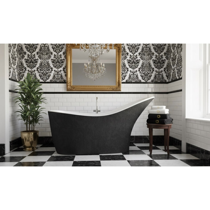 Vast Studio  Aged Brass Freestanding Asymmetrical Bathtub – Aged Brass/White Metallic Solid Surface Deep Soaking Tub with High-Back Wave Design & Modern Luxury Finish