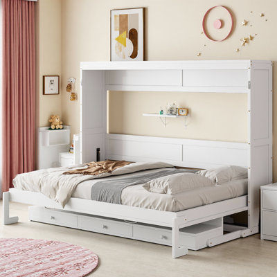 ​​Queen-Size Murphy Bed with Vanity Desk & Hydraulic Lift​/ Foldable Cabinet Bed with Vanity Desk, Center Mirror & 2 Side Drawers