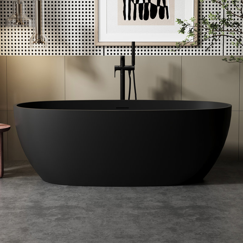 66,98 po X 30,7 po Baignoire de trempage autoportante à surface solide avec drain de couleur unie en noir, Black