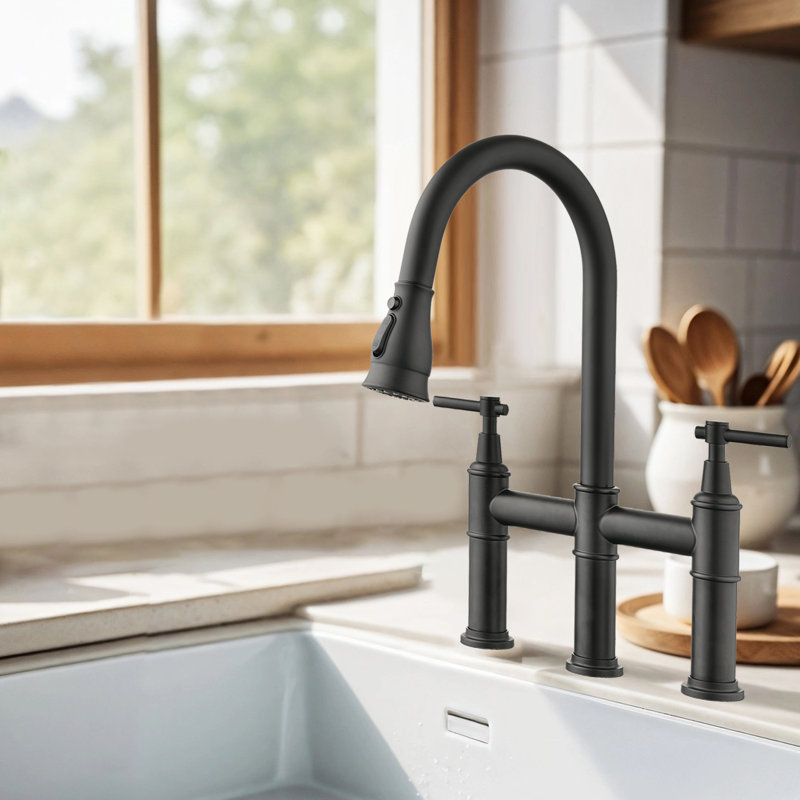 Topcraft Two Handle Bridge Kitchen Faucet with Pull Down Sprayer, Matte Black